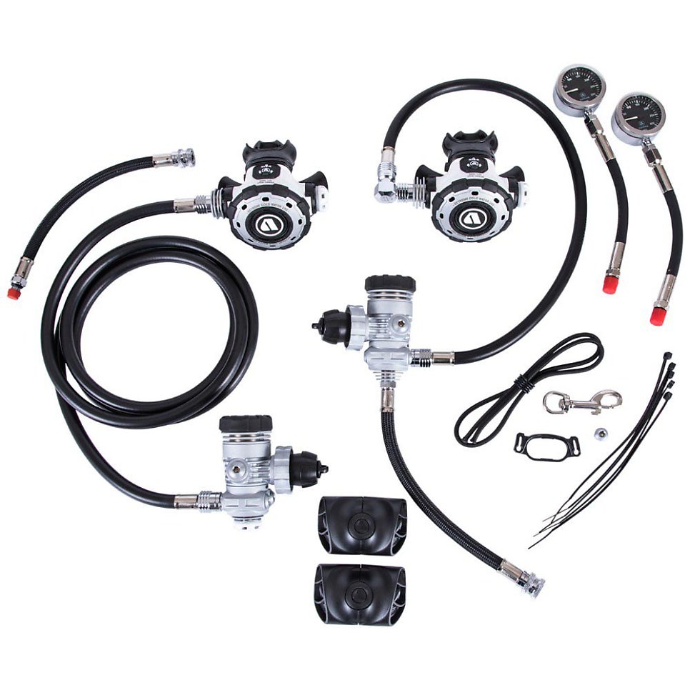 Complete scuba regulator set with hoses and gauges on a white background