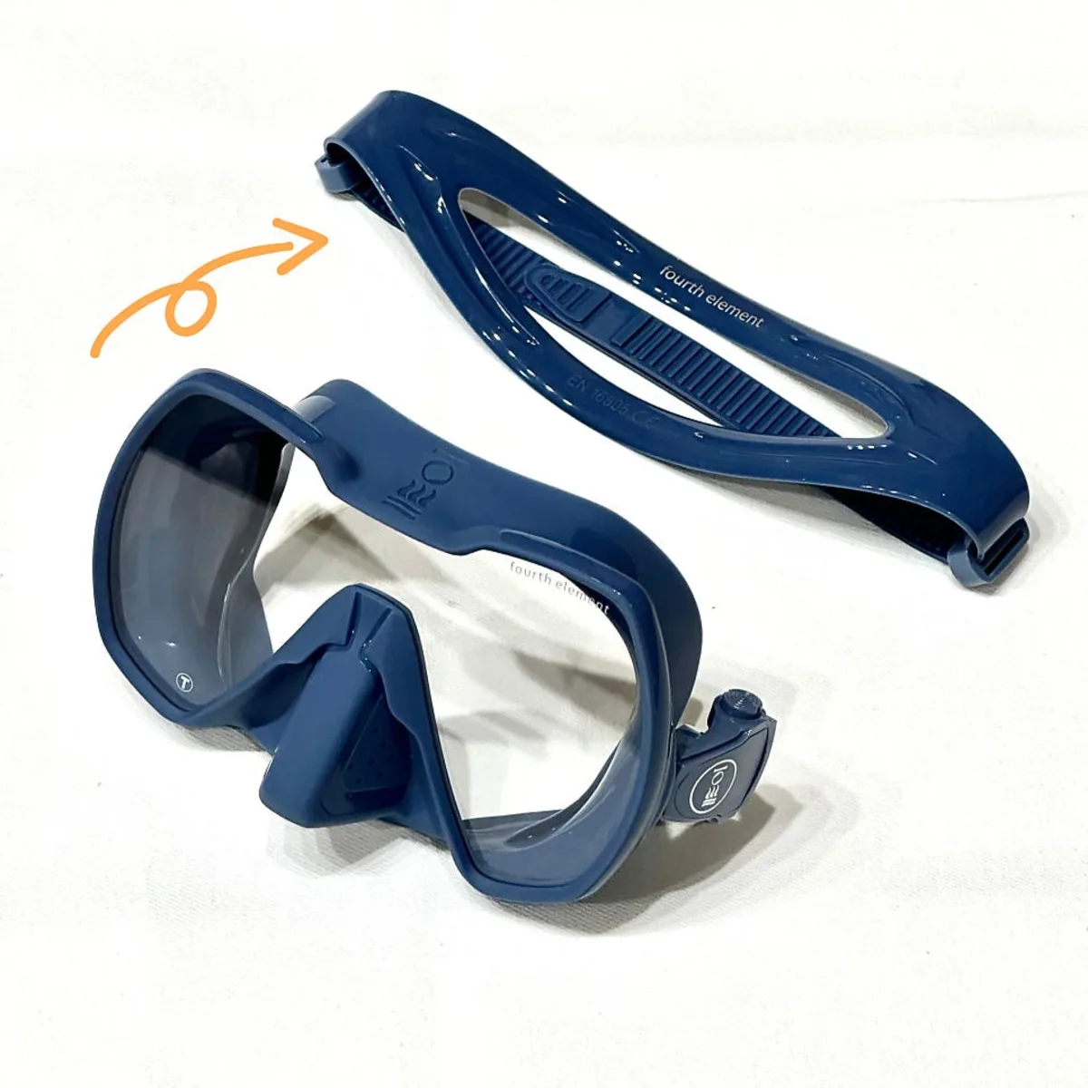 Dual-lens Fourth Element scuba diving mask showing the split lens design that seals close to the face