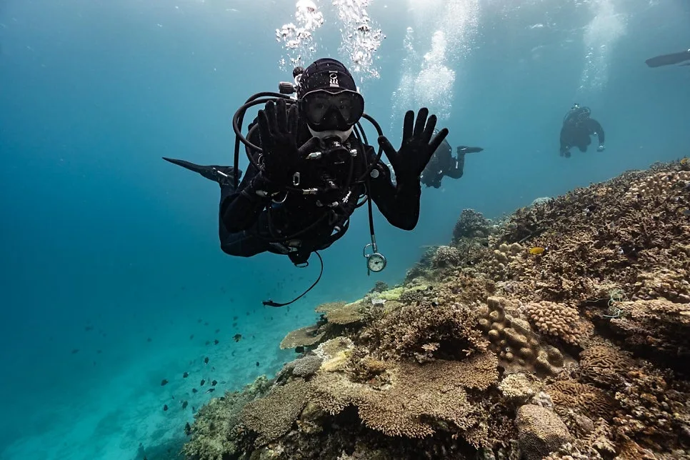 Scuba diver in a black suit giving the OK signal above an Okinawa reef in clear blue water